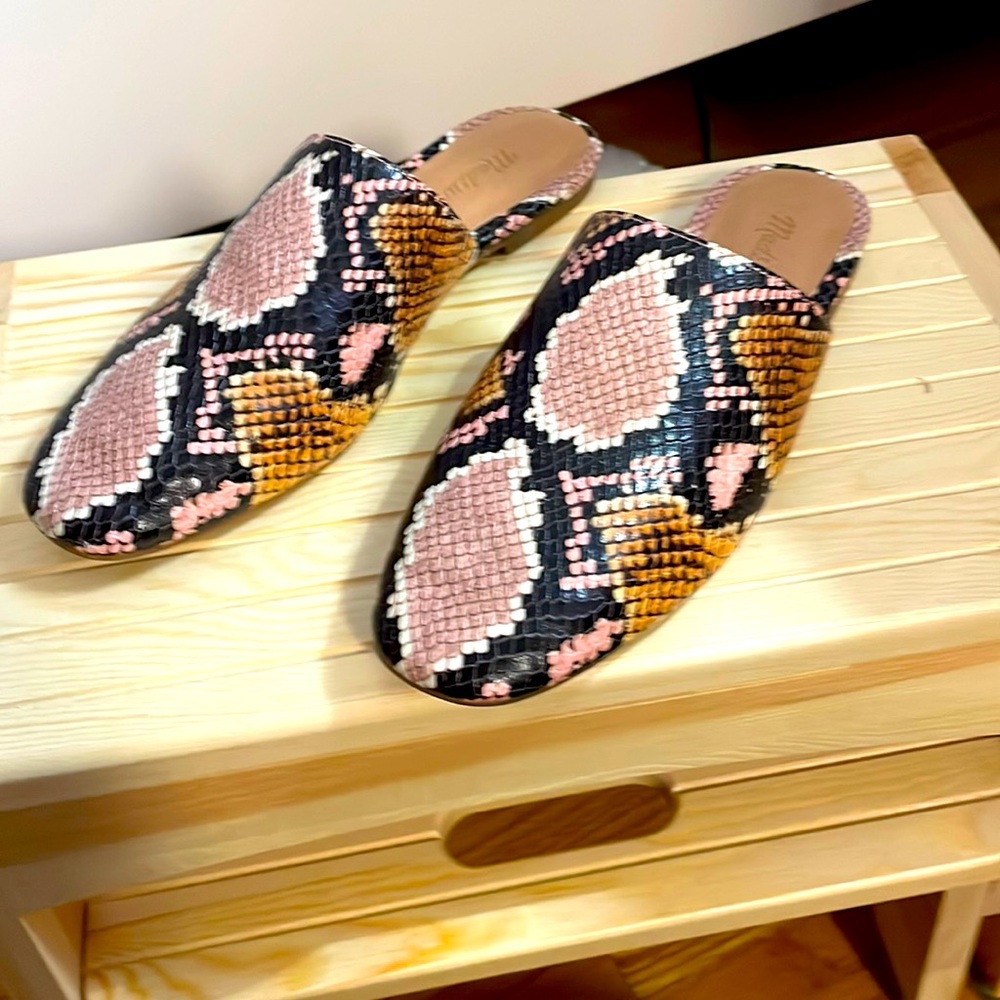 Madewell Pink, Black & Brown Snakeskin-Print Mules